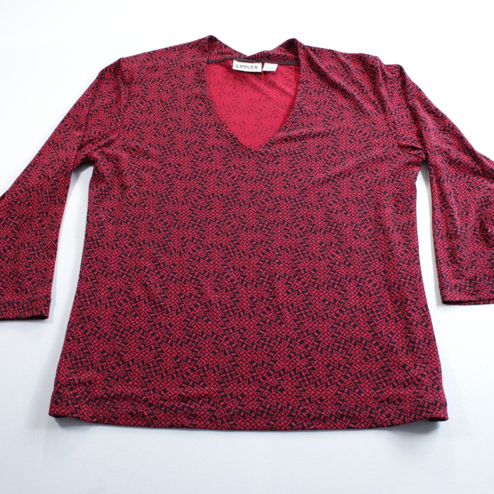 Chicos Design Red Black Geometric Print V-Neck Top Size 1 Office Contemporary